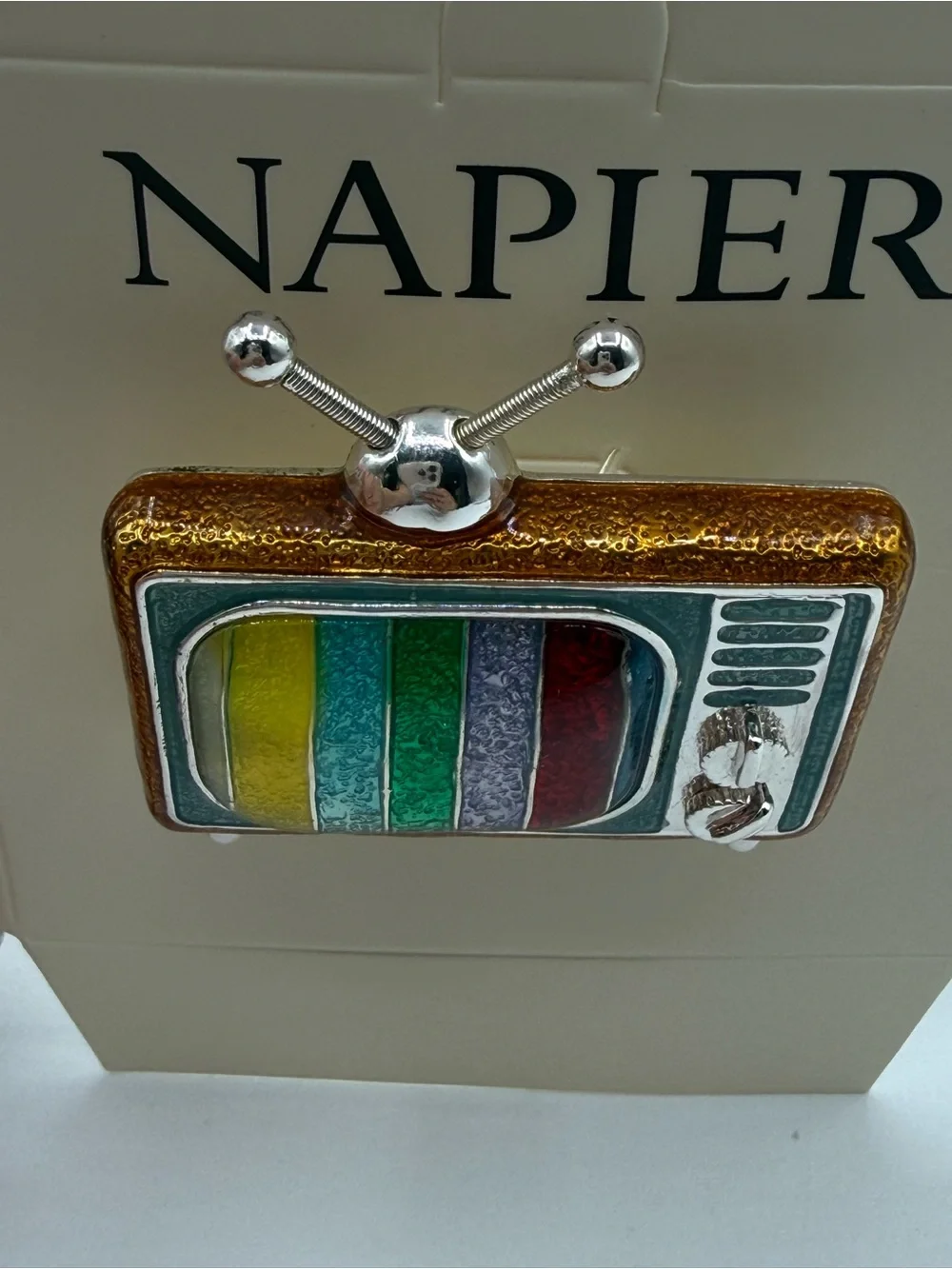 Vintage Napier Retro Television Brooch Pin Color Bar TV Enamel Silver Tone